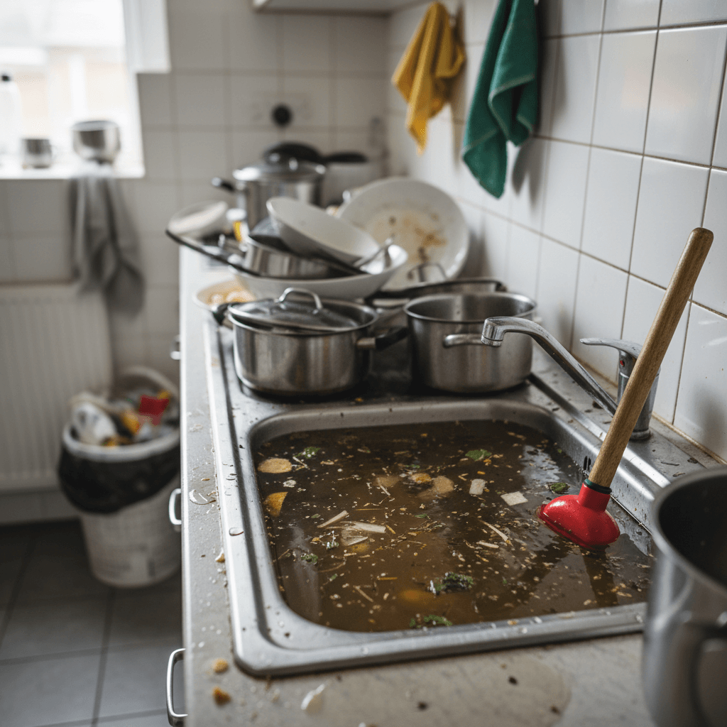 Verstopftes Küchenspülbecken mit stehendem Wasser